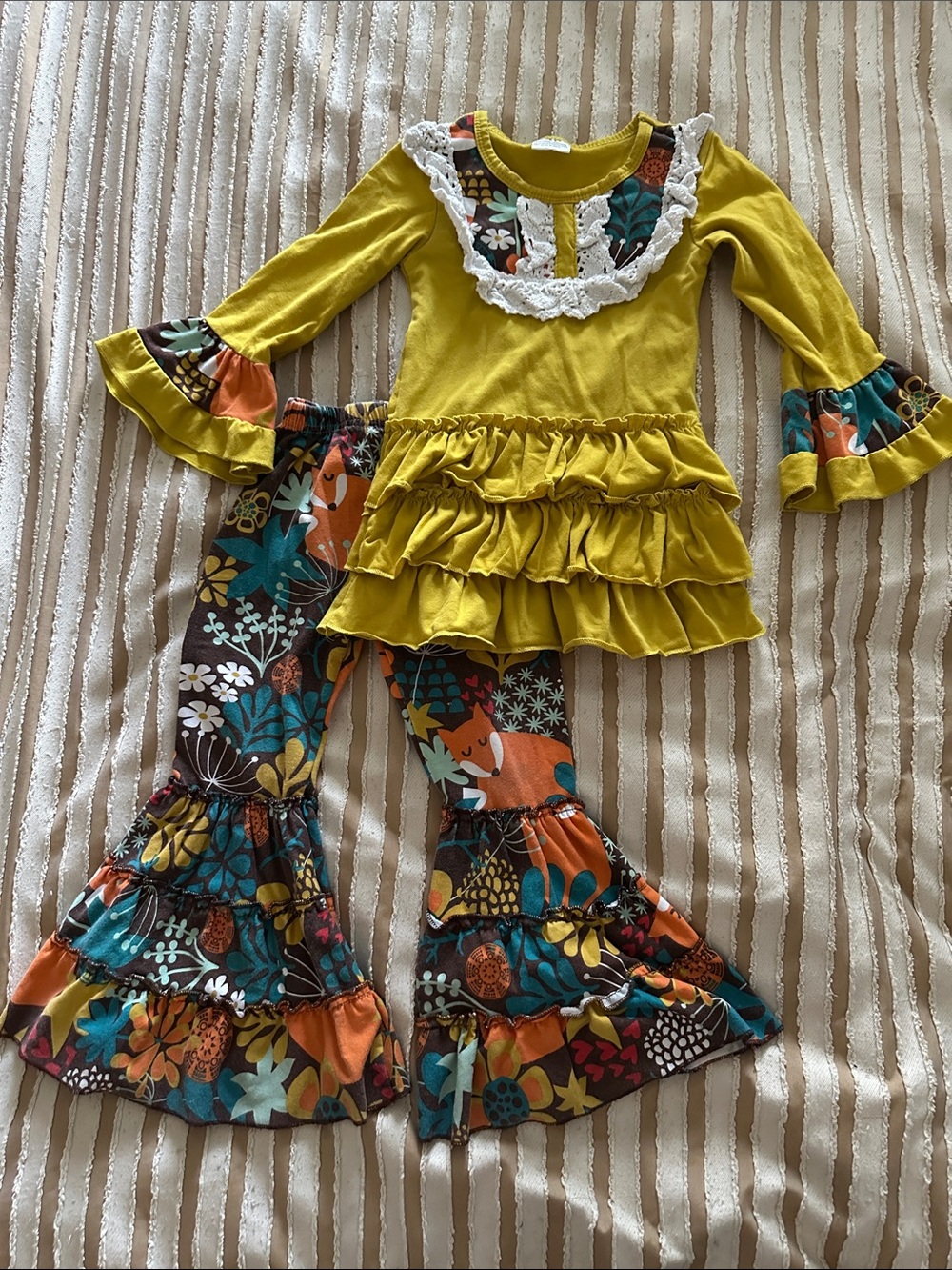 Girls' Mustard Ruffle Top & Floral Bell-Bottom Pants Kids Set